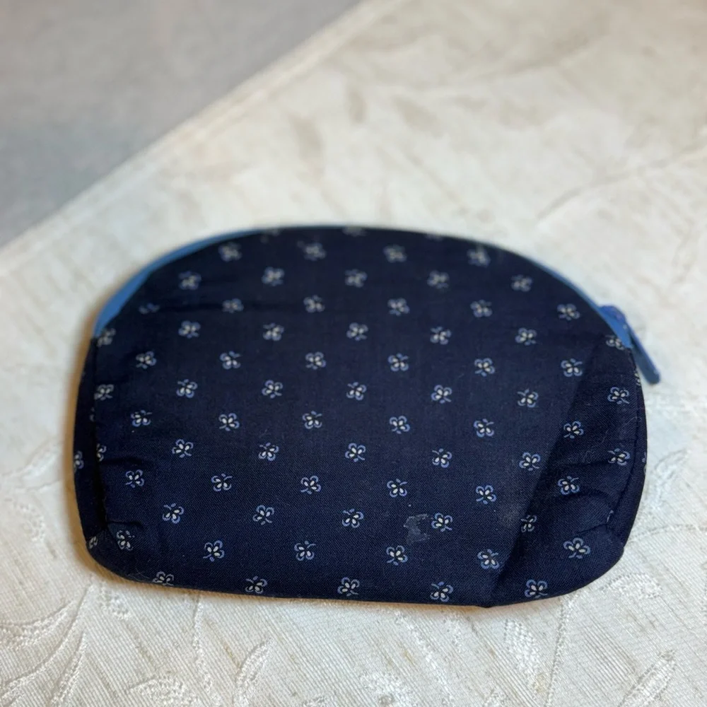 Vtg Lillian Vernon Quilted Floral Cosmetic Bag Navy Blue Makeup Pouch‎ 7”x5”